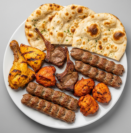 24. Charcoal Mix, Chicken Shish, Lamb Shish, Kebab Shish & 3 Naan Bread 